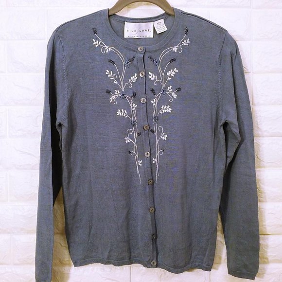 SILK LORE Cardigan Floral Bead Embellished Sz-M - Picture 1 of 11